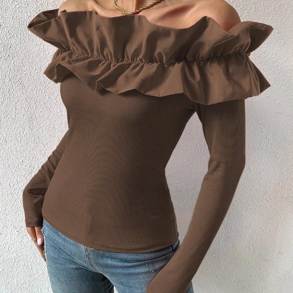 Coffee Brown Preppy Womens off shoulder blouse top - Picture 5 of 5